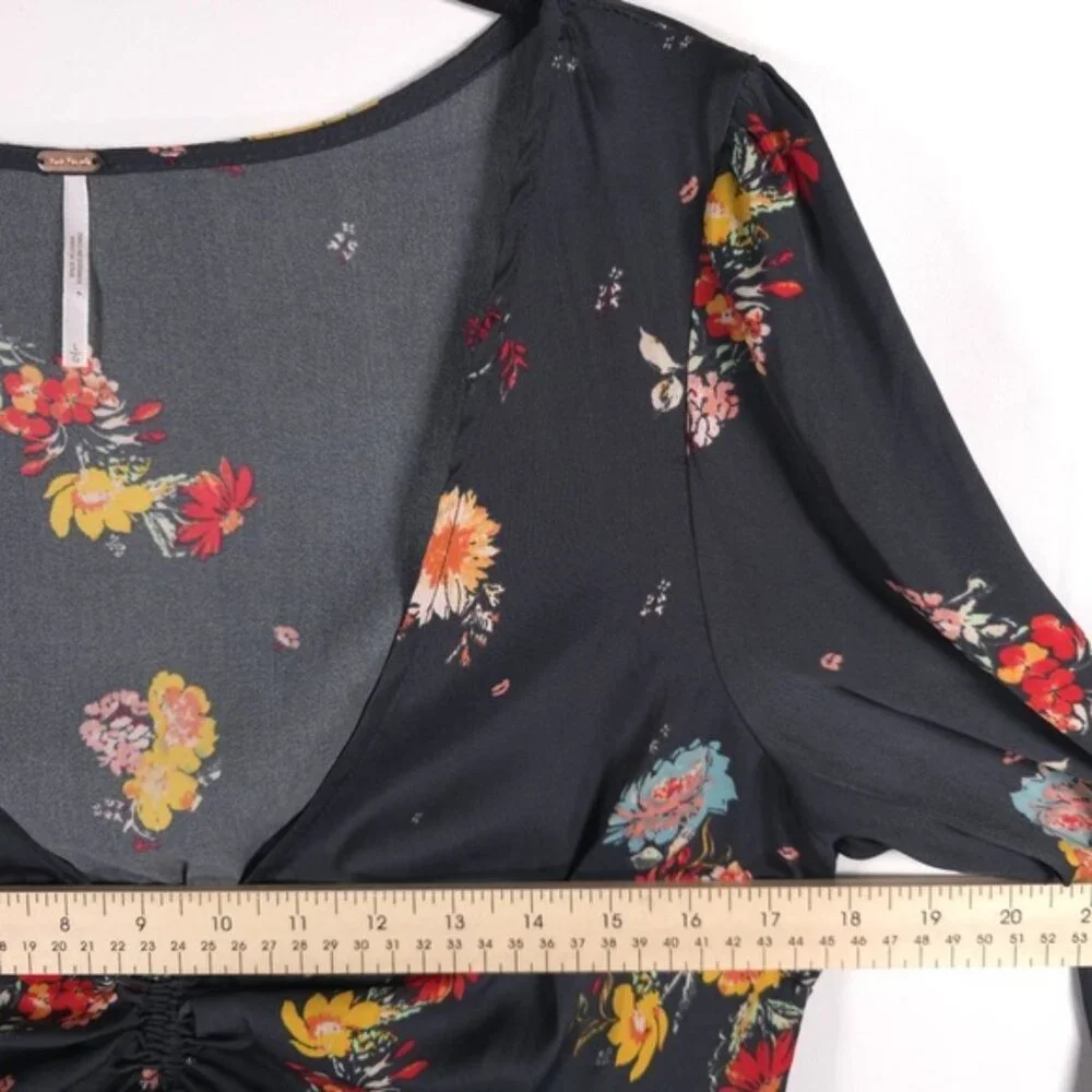 Free People Mini Dress Floral LS Slit Cuffs Tie Vneck Flare Silky Midnight LARGE
